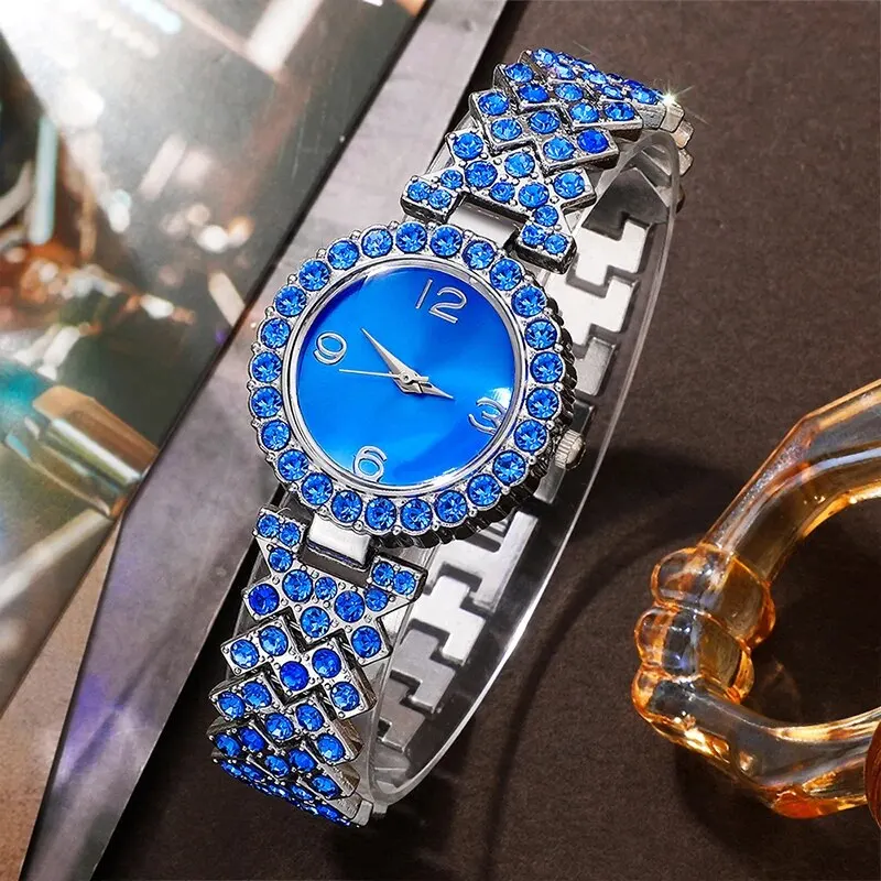 Women\'s Quartz Watch Blue Luxury Women Ring Necklace Earring Rhinestone Fashion Wristwatch Casual Ladies Watches Jewelry Set