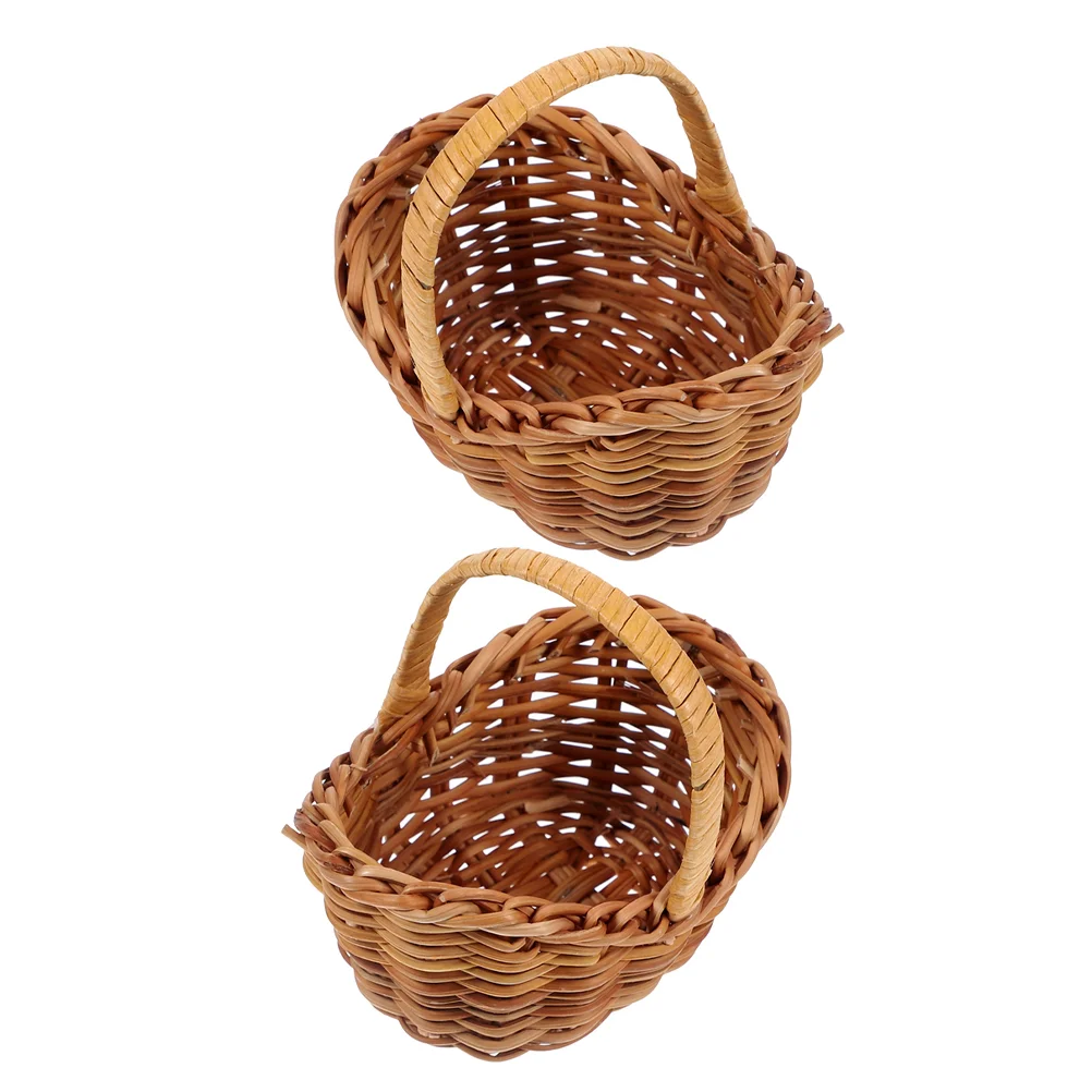 2 Pcs Rattan Flower Basket Woven Mini Baskets Toy Ornaments For Favors Small Miniature Storage Decors