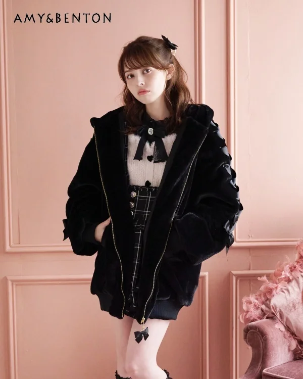 Winter New Japanese Sweet Rabbit Ear Puff Sleeve Plush Coats Mine Bow Lace Up Pleated Zippers Loose Slim All Match Coat Women