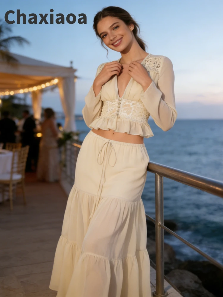 

Chaxiaoa Lace Chiffon Two Piece Set Women V Neck See Through Cardigan Tie Waist Maxi Skirt Set Party Vacation Outfits Conjunto