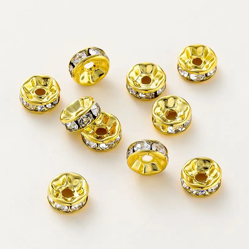 

10Pcs 14K/18K Gold Plated Rhinestone Spacer Brass Beads Rondelles Crystal Loose Beads for DIY Jewelry Making Bracelet Supplies