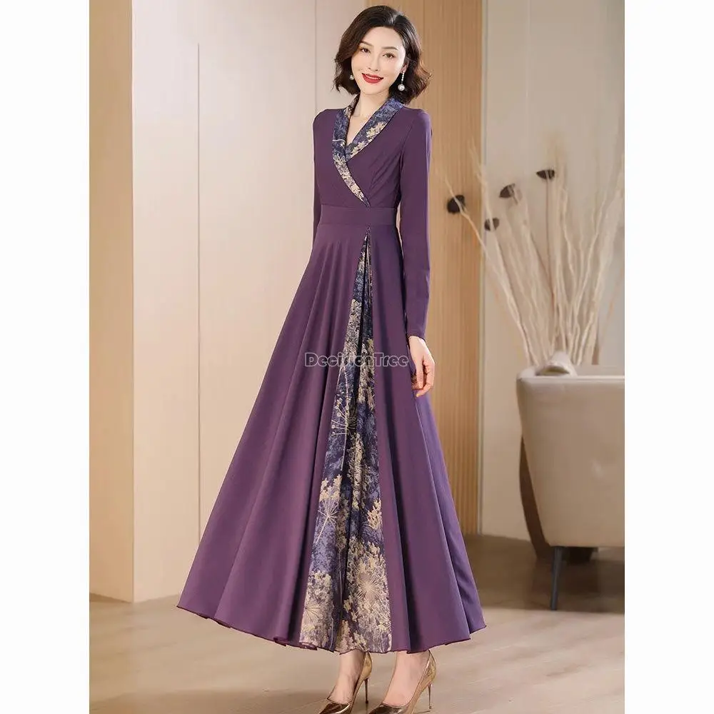 

2024 autumn chinese style floral loose modified cheongsam dress women purple cheongsam ao dai dress elegant daily qipao dress