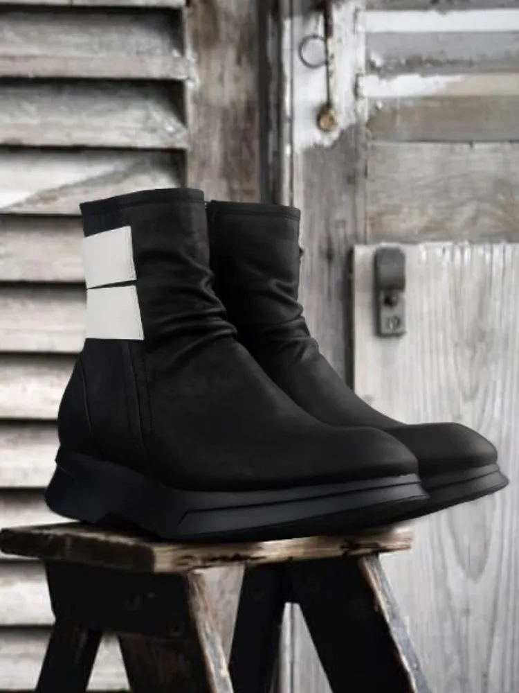 Korean Style Cowhide Round Toe Height Increase Platform Ankle Boots Mixed Color Genuine Leather Zipper Male High Top Shoes