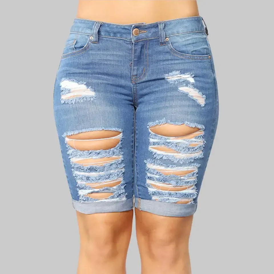 Versatile Daily Casual Stretch Work Pants Women'S Mid Rise Ripped Stretchy Jean Shorts Hem Casual Denim Shorts SuéTer Mujer