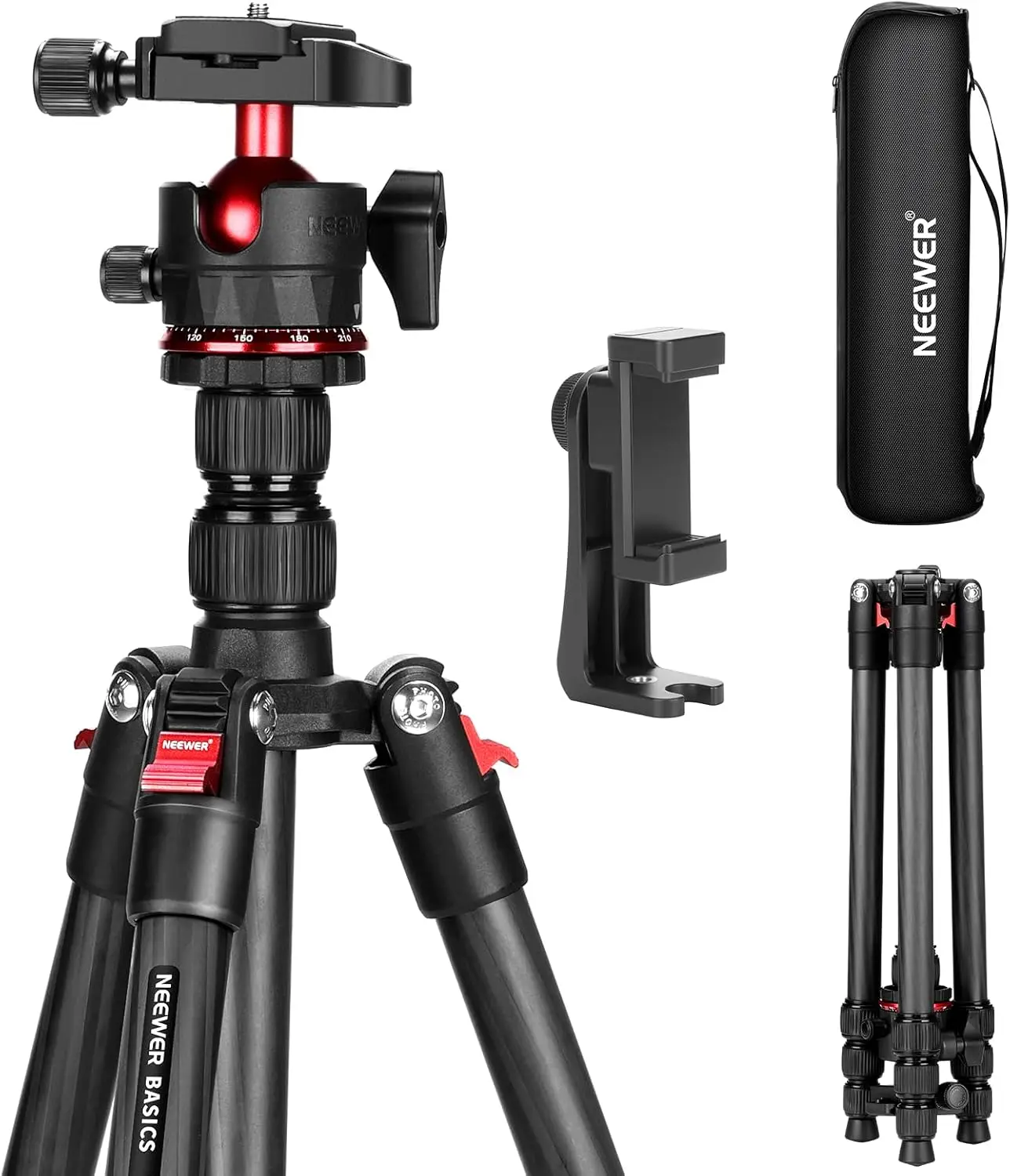 

Carbon Fiber Travel Tripod, 64" Compact Lightweight Camera Stand with Ball Head & Phone Holder, Max Load 13.2 lbs