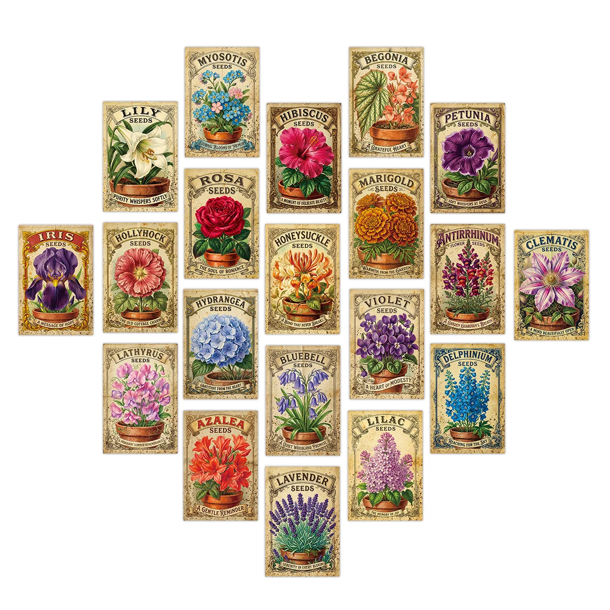 20pcs Vintage Floral Seed Wall Collages Art Cards For Home Garden Decor,Gift Giving,Creative Display,Floral Postcards Collection