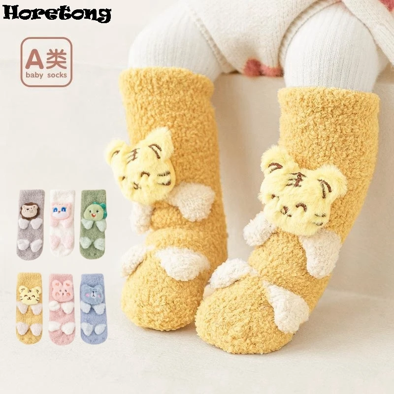 

Autumn Winter Thick Coral Fleece Socks Baby Boys Girls Anti-Slip Floor Warm Sock Cartoon 3D Doll Toddler Socks For Kids 0-6Y