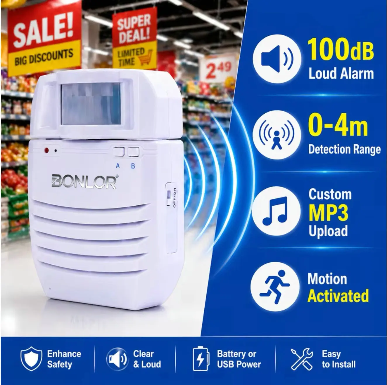 1set PIR Infrared Motion Sensor Alarm, Motion Detector With Custom Sound USB Change Voice 8m/120° Detection Range For Shop Entry