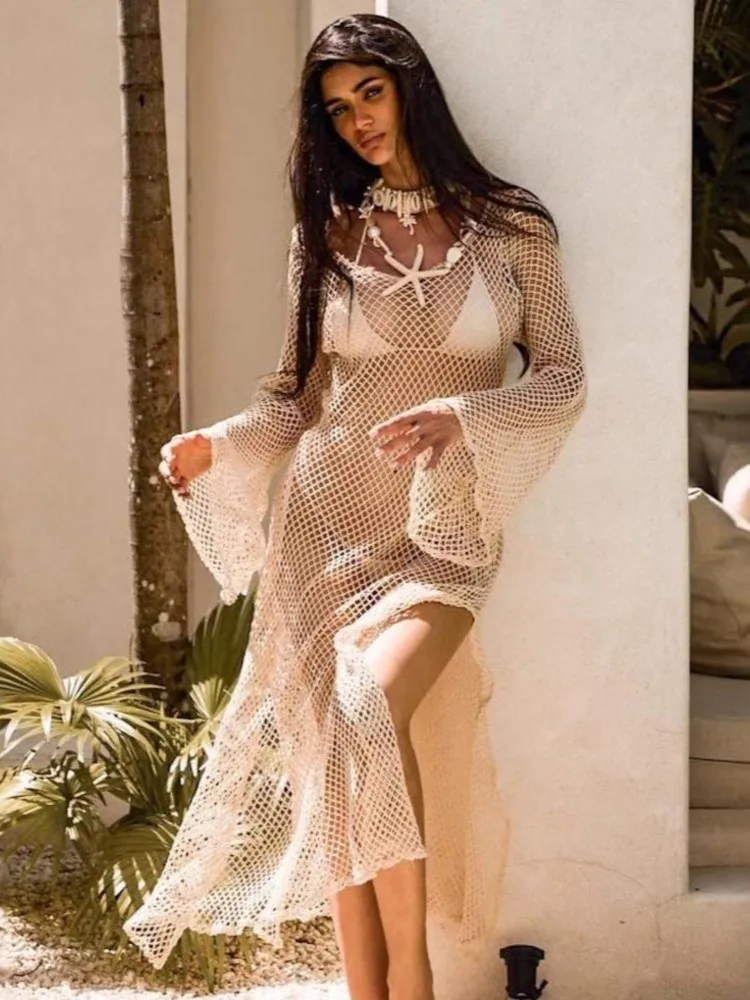 Robe mi-longue de plage en tricot, Sexy, style Boho, Chic, col rond, découpée, manches longues, pour femmes, vacances en bord de mer, été, 2026