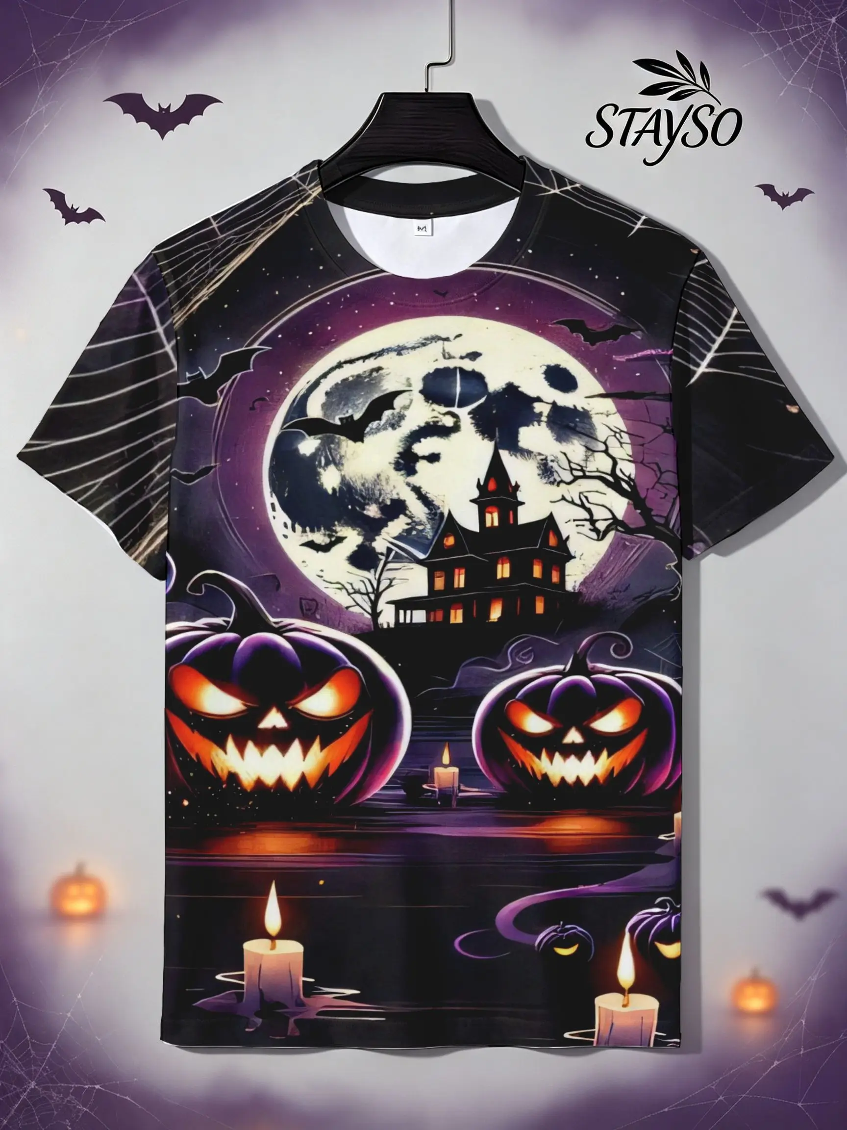Men Short Sleeve T‑Shirt 3D Pumpkin Haunted House Moon Candle Bat Print Halloween Gothic Night Casual Party Top