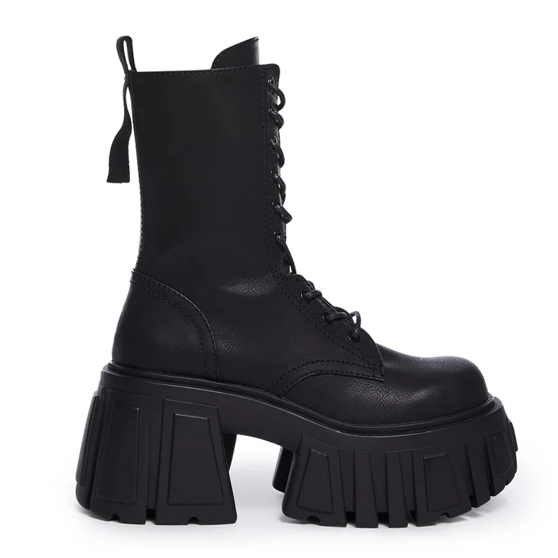 Botas de couro genuíno para mulheres, salto super alto, tubo médio da plataforma, elevador pequeno, curto robusto, na moda, outono, inverno