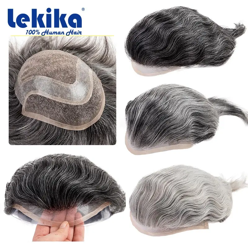 Men Wig Gray Hair Natural Haline Lace Front with Mono Top 6