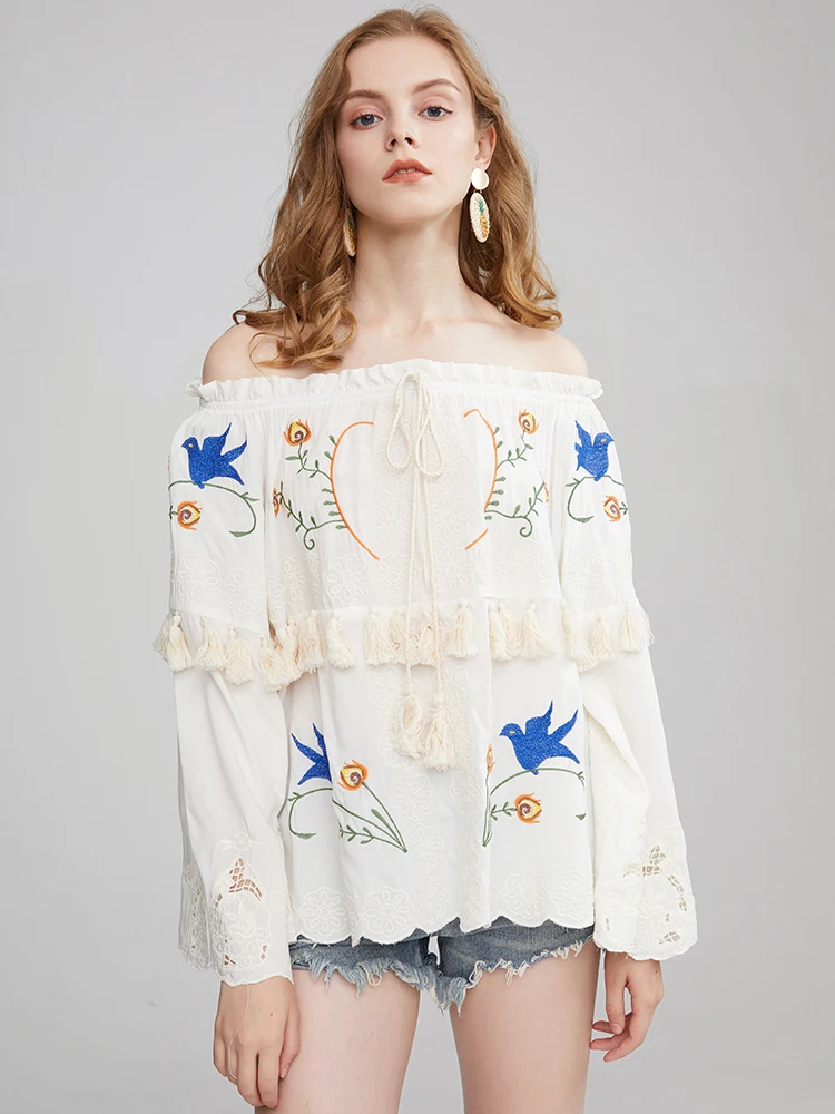 KHALEE YOSE Boho Off-shoulder Top Blouse Sexy Vintage Floral Embroidery Shirt Hollow Out Tassel Chic Tops Loose Women Blouses