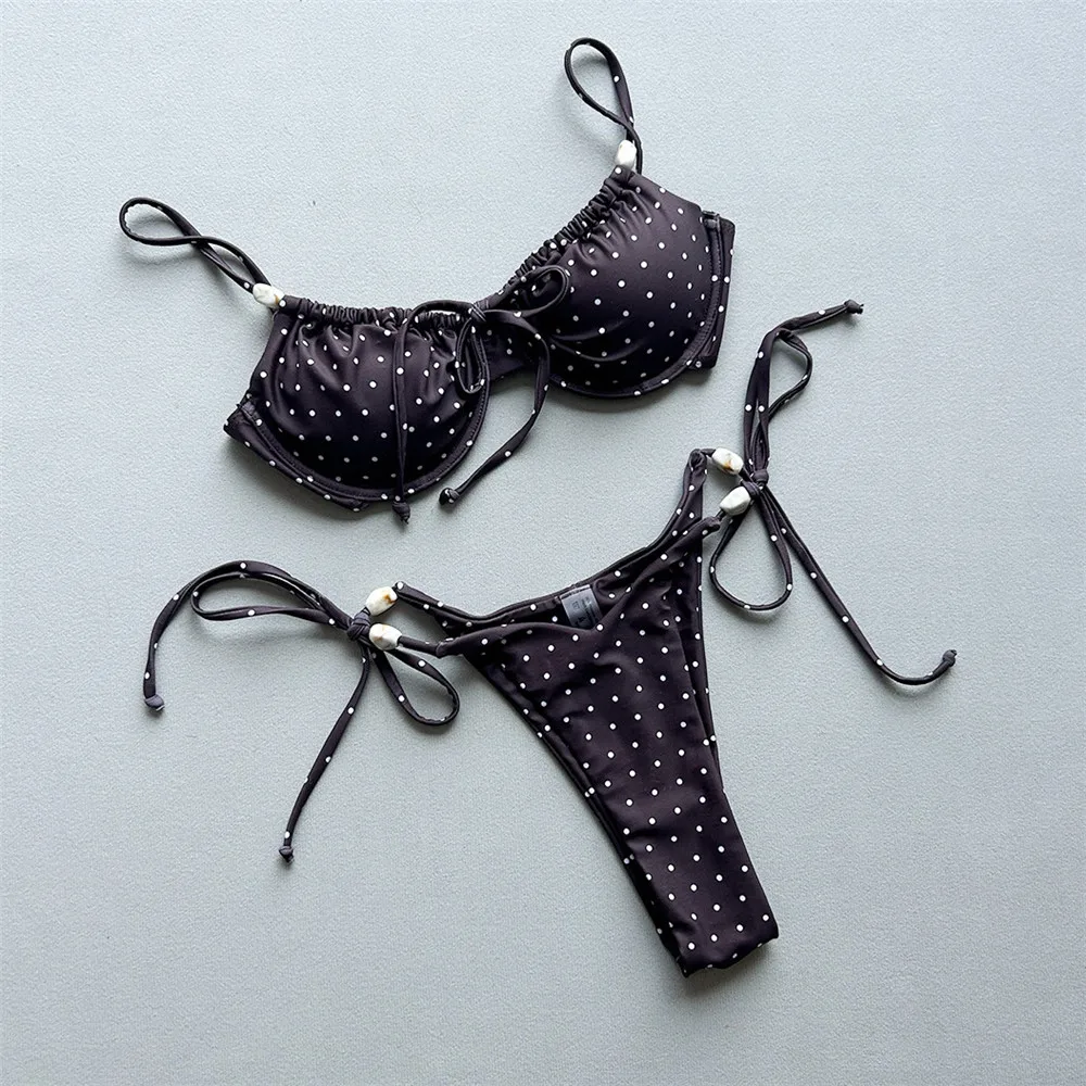 

Сексуальный коричневый купальник с точечным принтом, бикини-стринги с бусинами, микро-пуш-ап, женский бразильский комплект бикини, купальный костюм 2026