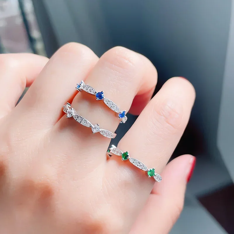 Diamond Ring for Women S925 Pure Silver Colored Diamond Simple and Fashionable Blue Treasure Green Diamond Wedding Jewelry image 4