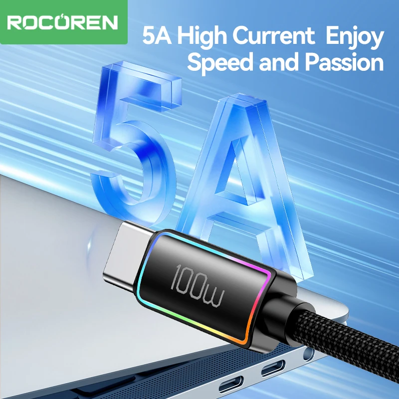 Rocoren 100W USB C to Type C Fast Charging Charger Cable 5A Type-C Cord PD 3.1 Quick Charging For Samsung MacBook iPad iPhone