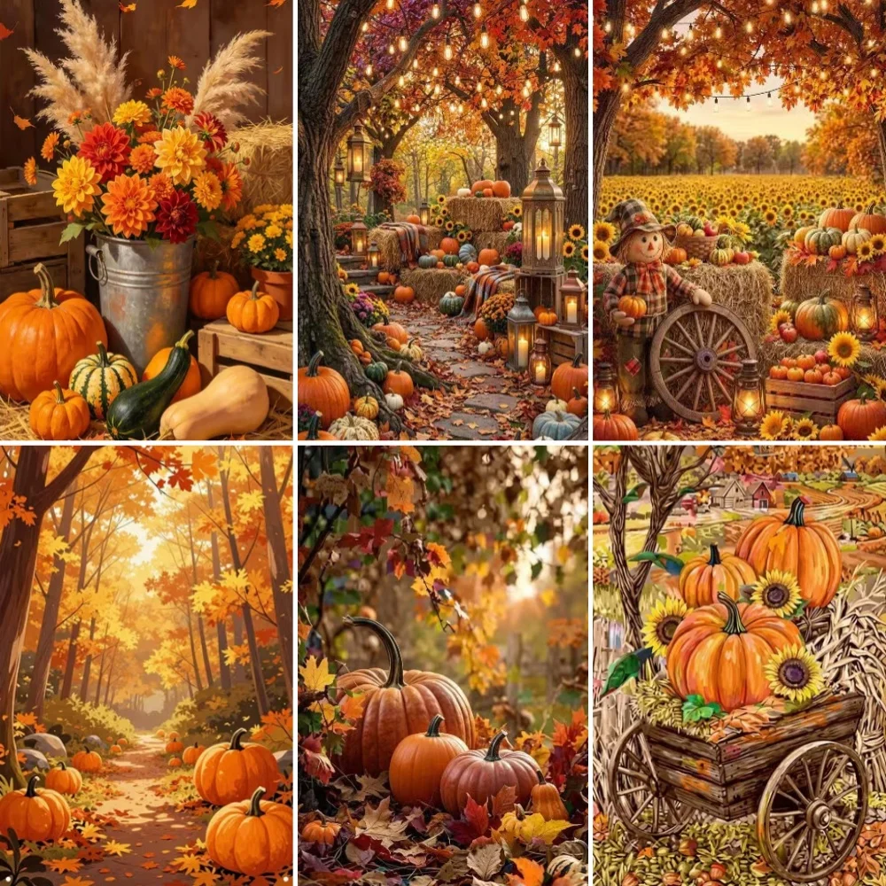 Fall Thanksgiving Pumpkin Door Cover Backdrop Harvest Party Decoration Background Country Golden Maple Fence Haystack Banner