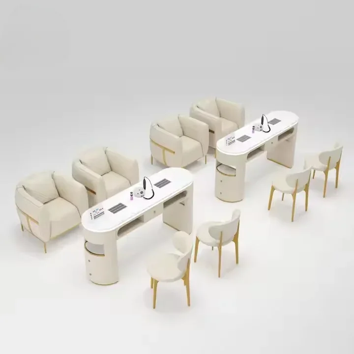 

Elegant Light Luxury Salon Furniture Beauty Lash Manicure Table Nail Table and Chair Stool Set White Design