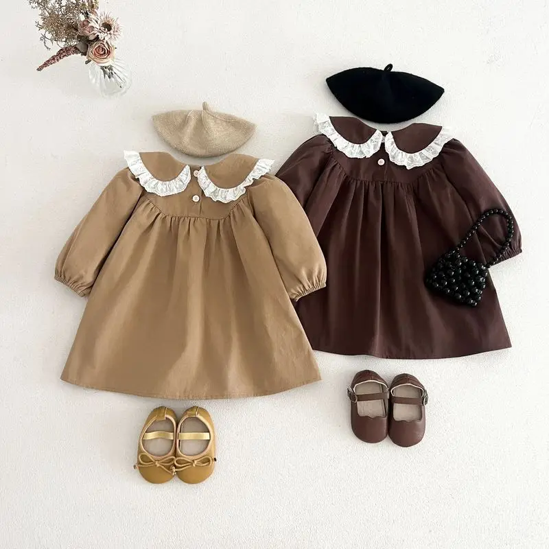 Girls Solid Dress Lace Ruffle Peter Pan Collar Long Sleeve Pocket A-line Kids Casual Swing Dress