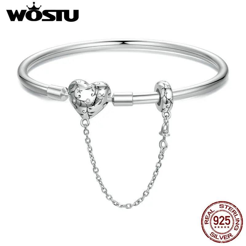 WOSTU Real 925 Sterling Silver Retro Heart Bracelet Safty Chain DIY Bangle Gift Women Wedding Party Jewelry Mother's Day Gift