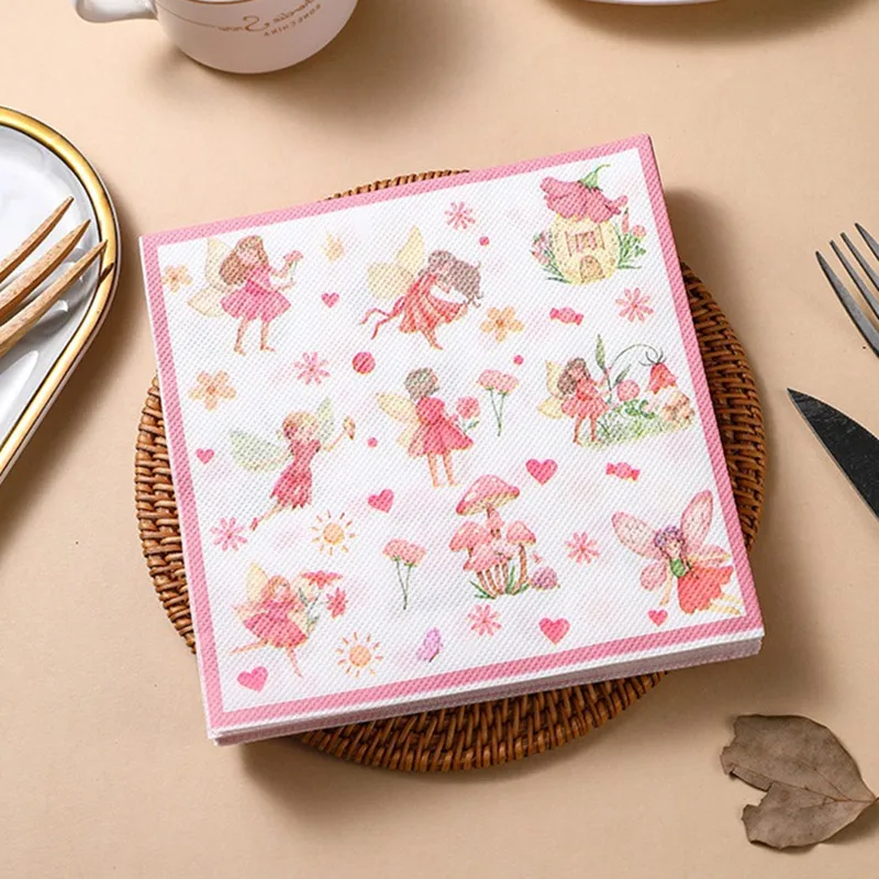 

20pcs/Pack 33x33cm Square Pink Floral Fairy Printed Tableware Dinner Napkins For Wedding Birthday Decoration Party Supplies