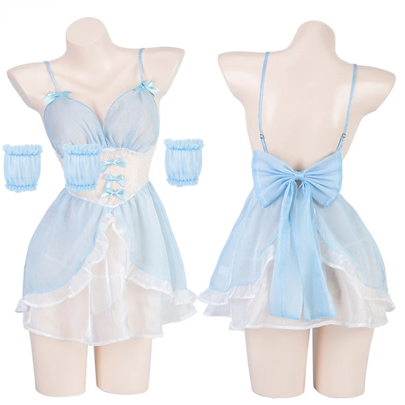 

Anime Girls Princess Maid Cosplay Nightdress Lolita Women Deep V Sling Dress with Bow Pearlescent Soft Yarn Backless Costume