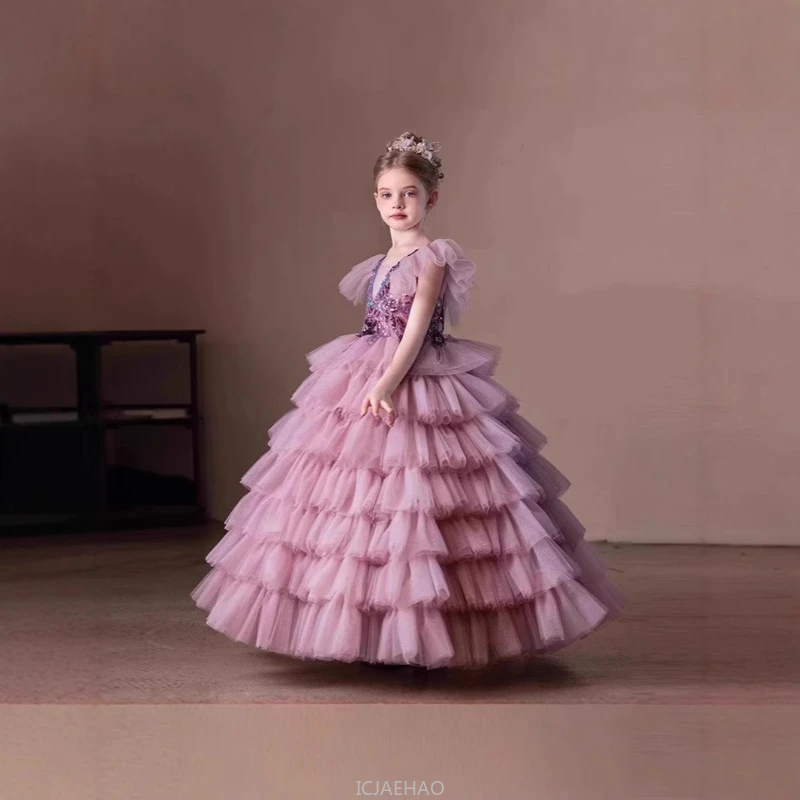 Wed Dress 2025 New Children Girls Princess Pageant Host Outfit Piano Recital Performance Gown Kids Party Birthday Formal Wear