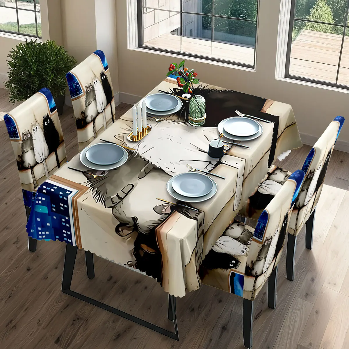 

5/7pcs Cute Cartoon Print Tablecloth Elastic Chair Slipcovers Kitchen Dining Room Decor