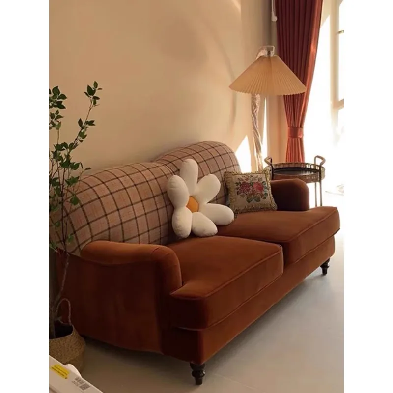 French retro plaid fabric sofa American medieval caramel color velvet fabric homestay small double sofa