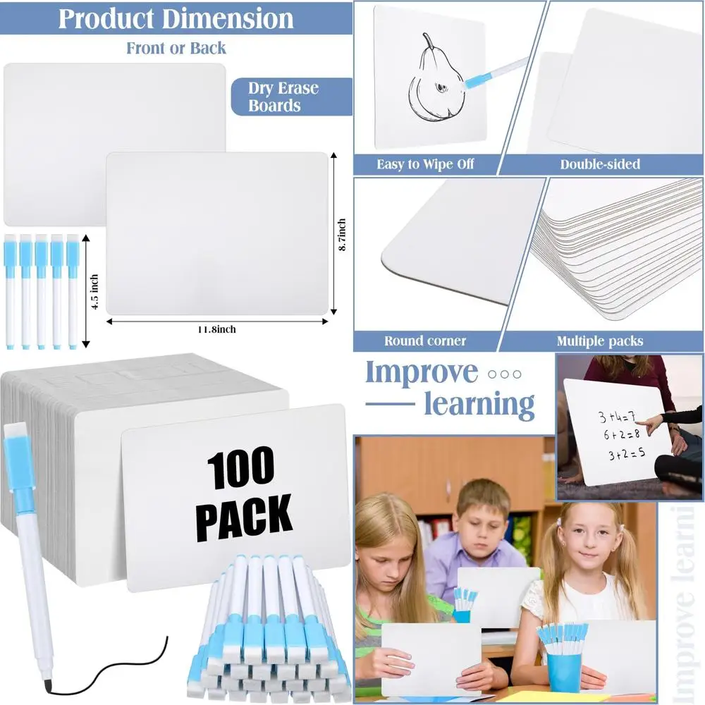 مجموعة سبورة بيضاء صغيرة على الوجهين للفصل الدراسي مع أقلام تحديد، 100 عبوة من ألواح الكمبيوتر المحمول مقاس 9 × 12 بوصة للوازم المدرسية