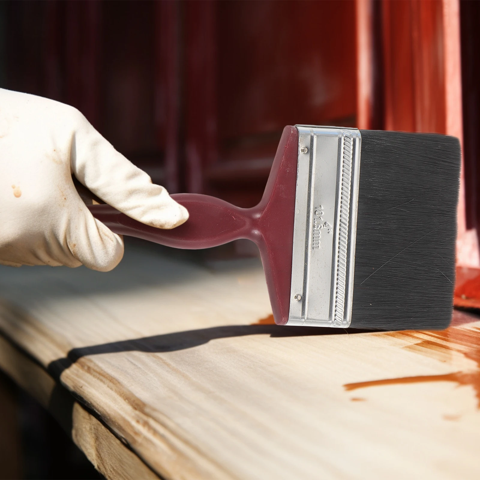 

Red Plastic Handle Paint Brush 4 Inch 100mm Mixed Bristle Deck Stain Brush for Wood Walls Fence Large Area Smooth Application