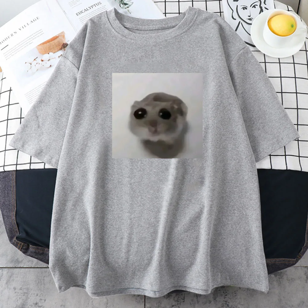 Sad Hamster Tshirt Funny Cartoon Graphic Printing Tee-shirt Cotton Short Sleeve Women T-shirts Summer Soft O-neck Tees Top Girls