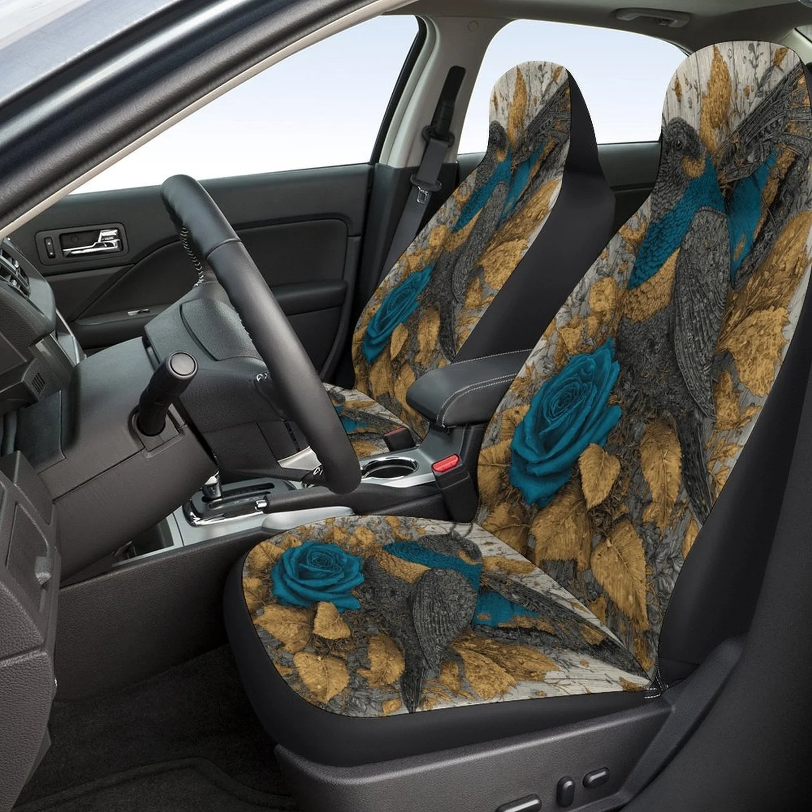 Set Of Car Seat Covers Featuring Blue Rose Moth, Stylish And Unique Protector Covers For Most Vehicles, Complete Set For Two Fro