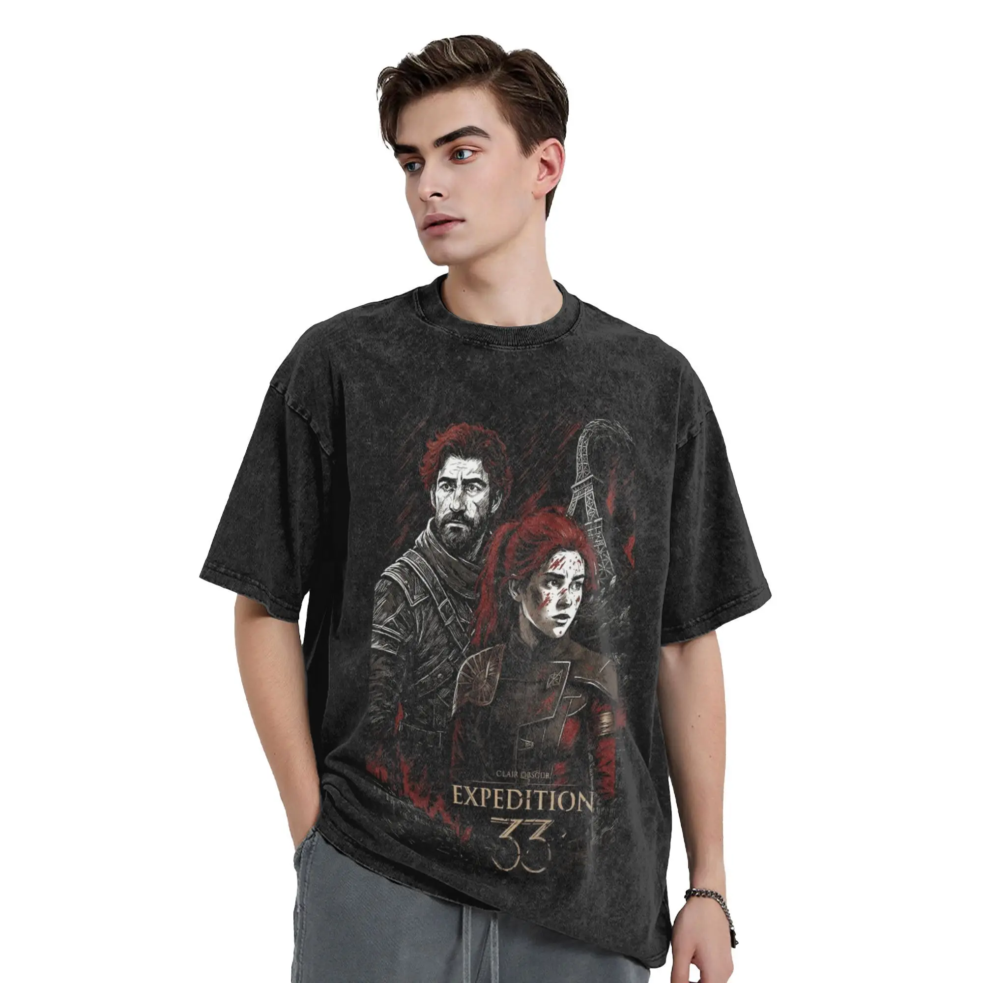 Aesthetic Two Characters Video Game Clair Obscur Expedition 33  Washed T-Shirt Unisex Cotton Short Sleeve  Crewneck Summer Tops