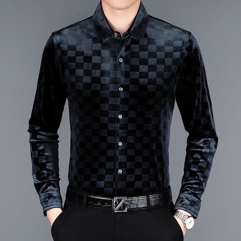 Camisa informal a cuadros para hombre, camisa de manga larga de terciopelo suave y cómoda, de lujo, para negocios, a la moda, para otoño, nueva calidad