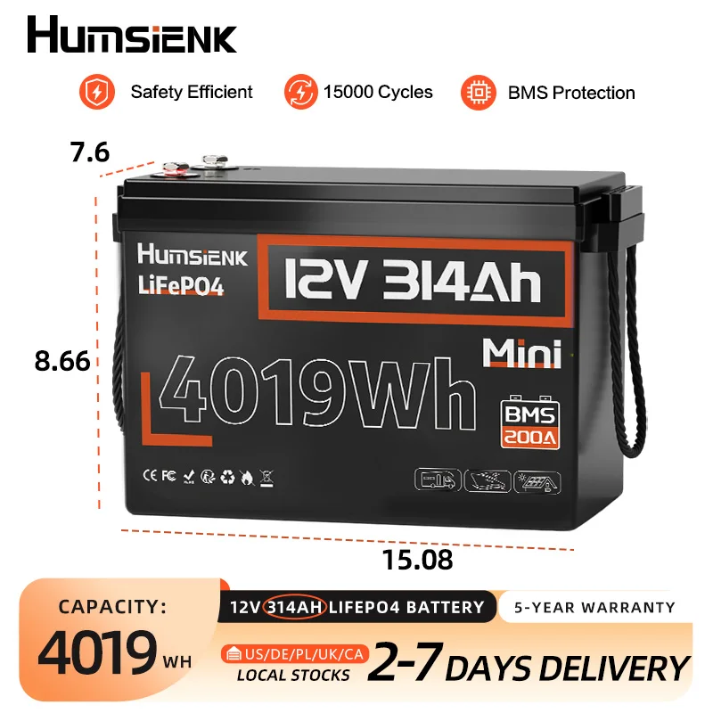 

Humsienk 12V 300Ah(314Ah) LiFePO4 Lithium Battery A+ Cells 200A BMS For RV / Yacht / Camper/Off-grid /Home Storage Backup Power