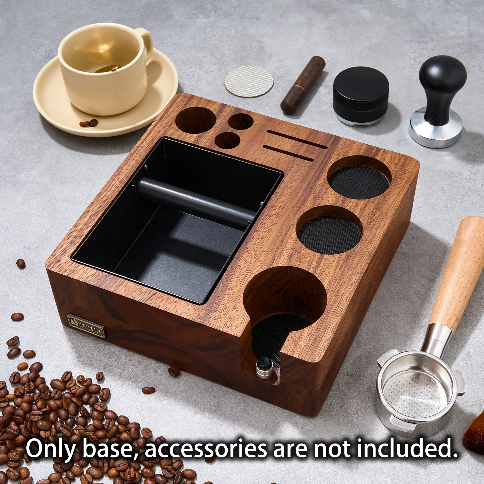 3 IN 1 Espresso Knock Box and Tamping Station 51/54MM Coffee Anti-pressure Pad Stand Walnut Wooden Coffee Organizer with Holder