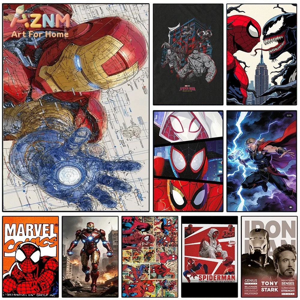 AZNM Iron Man Armor Mechanical Blueprint Sketch Canvas Wall Print, Superhero Helmet Arc Reactor Tech Drawing Comic Pop Graphic