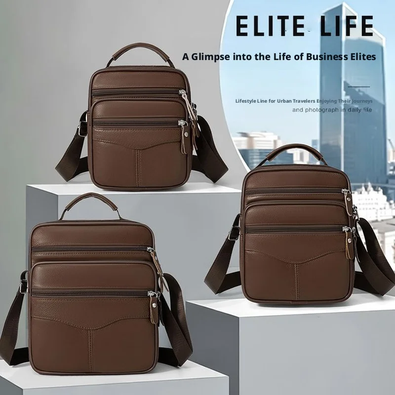 Brown Genuine Cowhide Leather Crossbody Bag for Men Business Shoulder Messenger Pack with Top Handle Zipper Pocket Daily Work