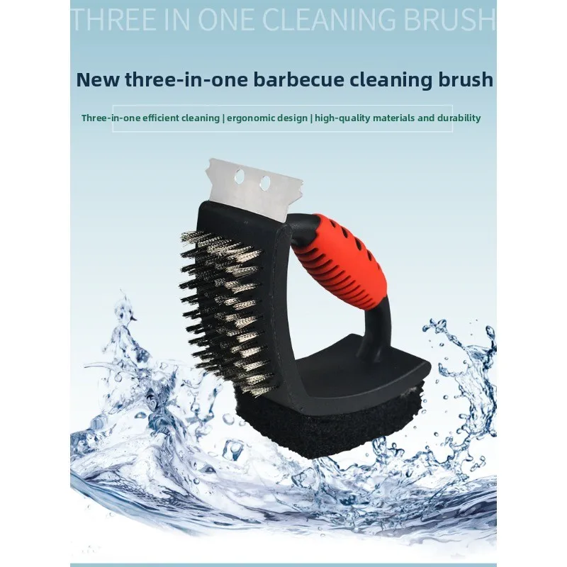 Red handle three-purpose cleaning brush barbecue grill mesh disk cleaning brush barbecue tool kitchen wire brush
