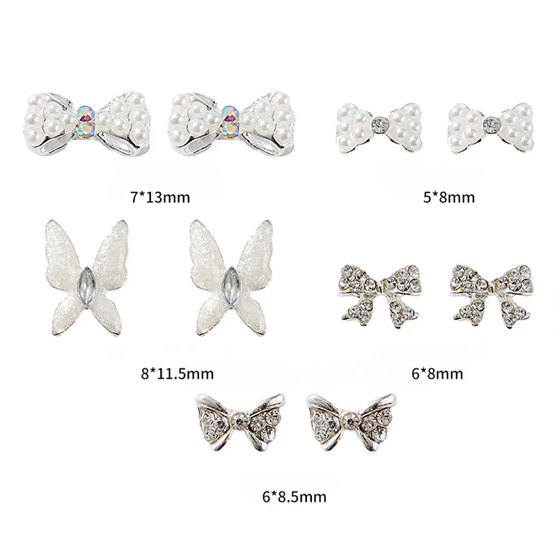 Zunderes-Papillon en argent scintillant incrusté de diamants, accessoires pour ongles, décoration d'ongles en alliage 3D, perle scintillante, 5 pièces