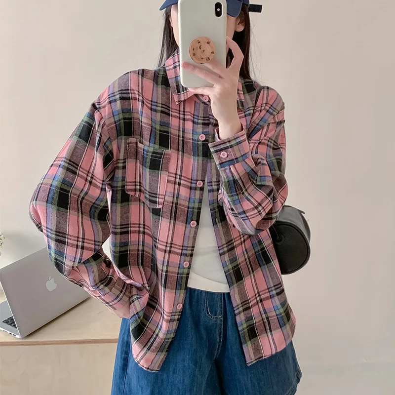 Spring and Autumn Plaid Shirt Women's New Retro Jacket American Loose Fashion Hong Kong Style Casual Medium and Long