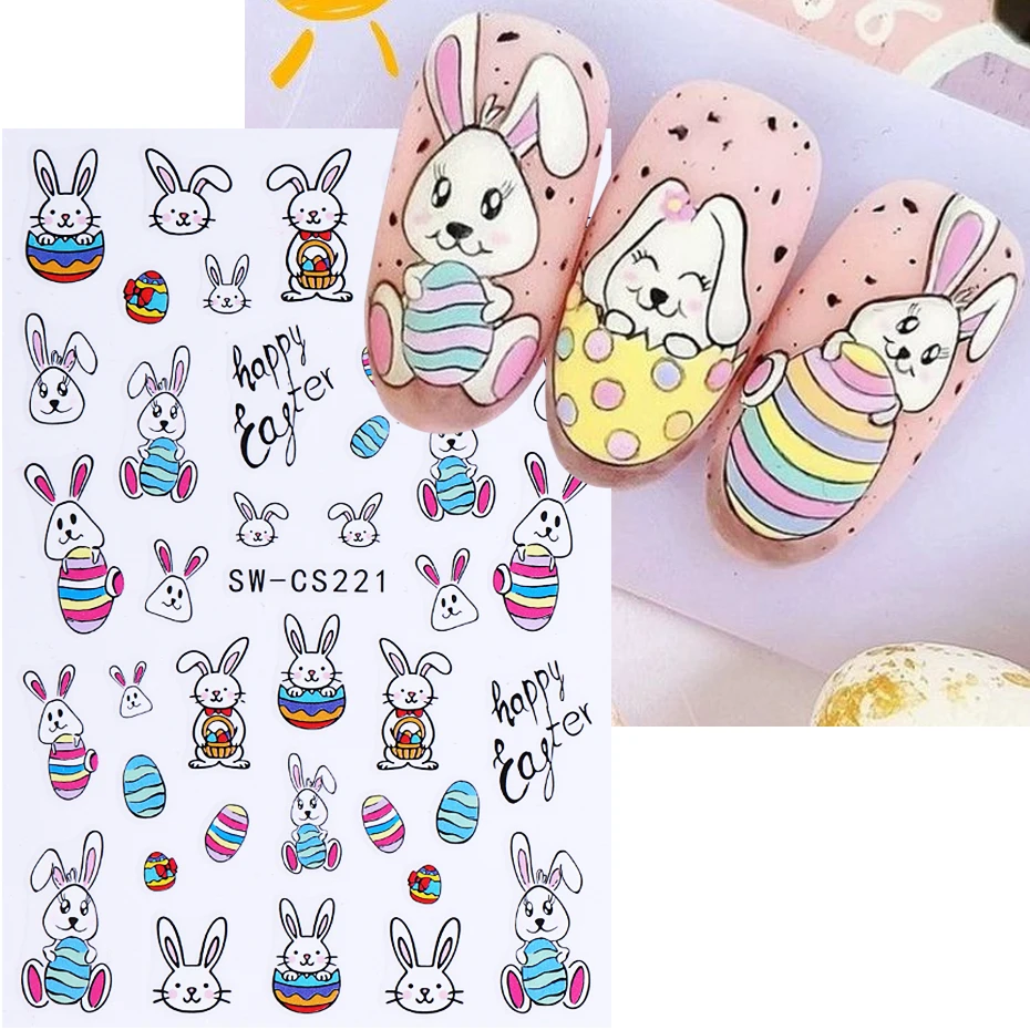 3D paskalya sevimli tavşan tırnak çıkartmalar sevimli karikatür tavşan yumurta çiçek yapışkanlı kaymak çıkartmaları bahar çiçek manikür dekorasyon folyoları