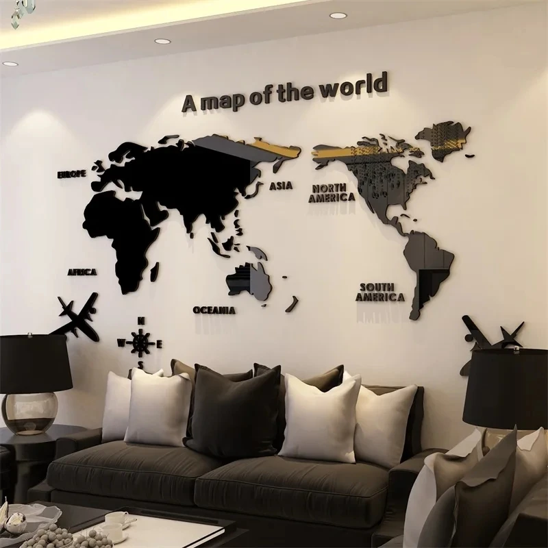 Home Living Room Bedroom Background Wall Sticker Modern World Map Acrylic 3D Wall Sticker  Office Decoration Wall Sticker view 3