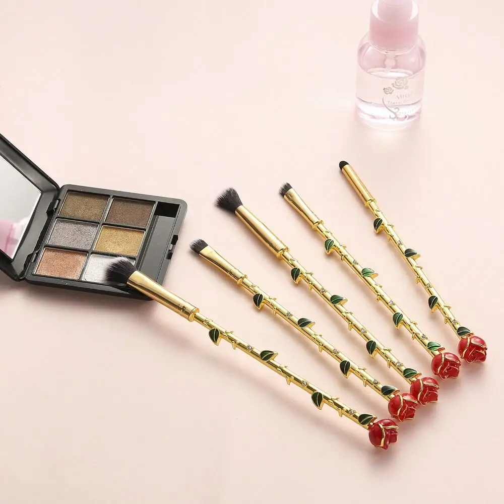 5pcs/set Soft Rose Shape Makeup Brush Set Metal Handle Synthetic Fiber Eyebrow Brush Multi Functional Fluffy Eyeshadow Brush