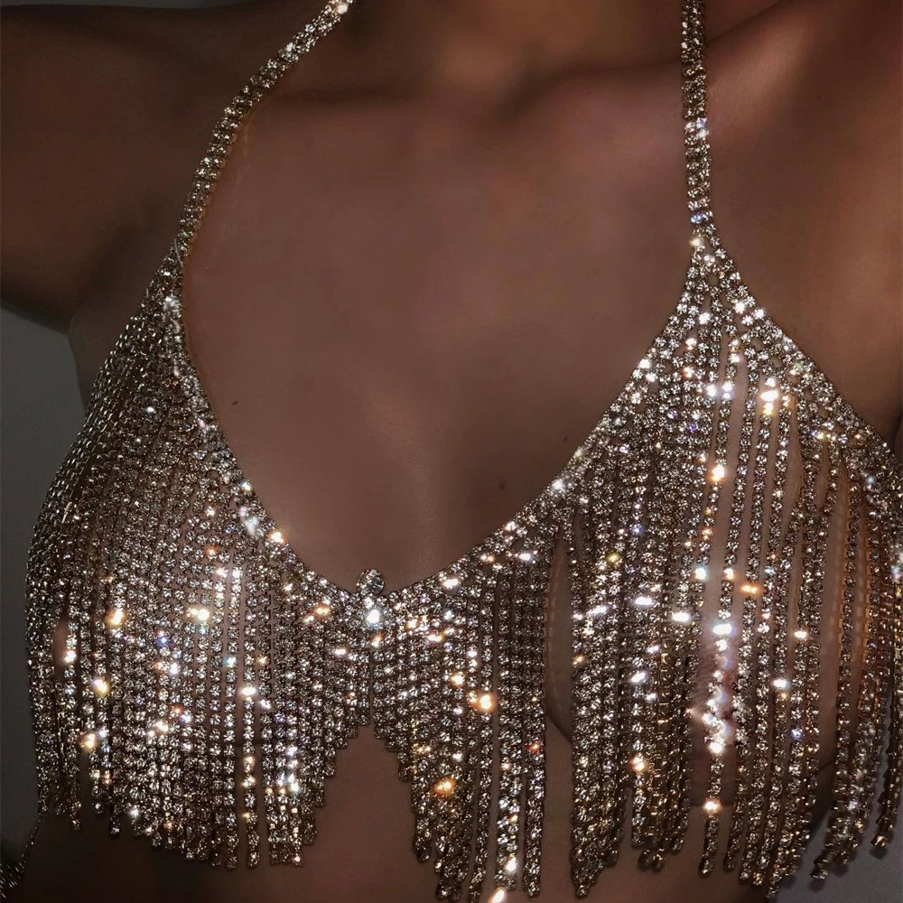 Sexy Bling Tassel Rhinestone Bra Body Chain Exaggerated Women\'s Crystal Bikini Fun Valentine\'s Day Gift