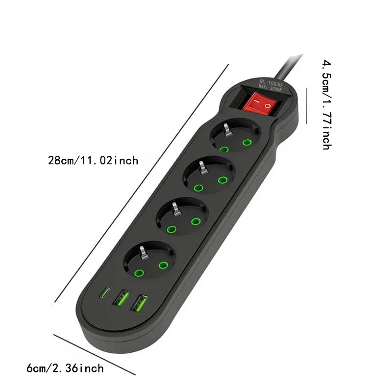 EU-stekker stekkerdoos 2/3/4/5 stopcontact Multitap-verlenging 10A met 2 USB 1 Type-C-poorten 2 m snoer stopcontact 2500 W