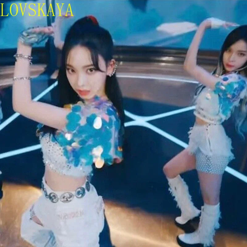 한국 여성 폴 댄스 무대 의상, 스팽글 조끼, 슬림핏 바지, 미니 스커트, 나이트 클럽, 카니발 콘서트 의상, 신제품