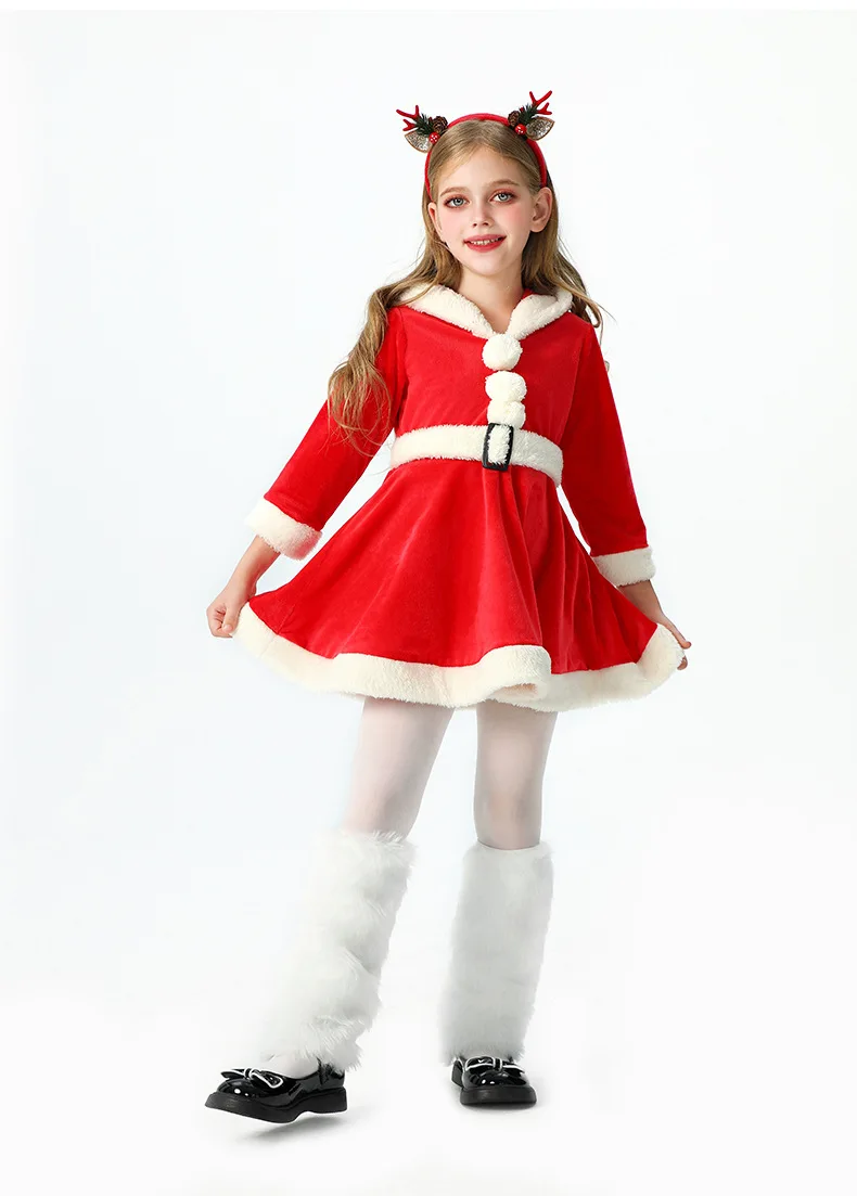Weiches Samtkleid für Kinder mit Weihnachtsmann-Motiv, Kapuze, Weihnachtskostüm, Weihnachtsfeier, Bühnenauftritt, Show, Cosplay, Rock, Outfit – Detail 19