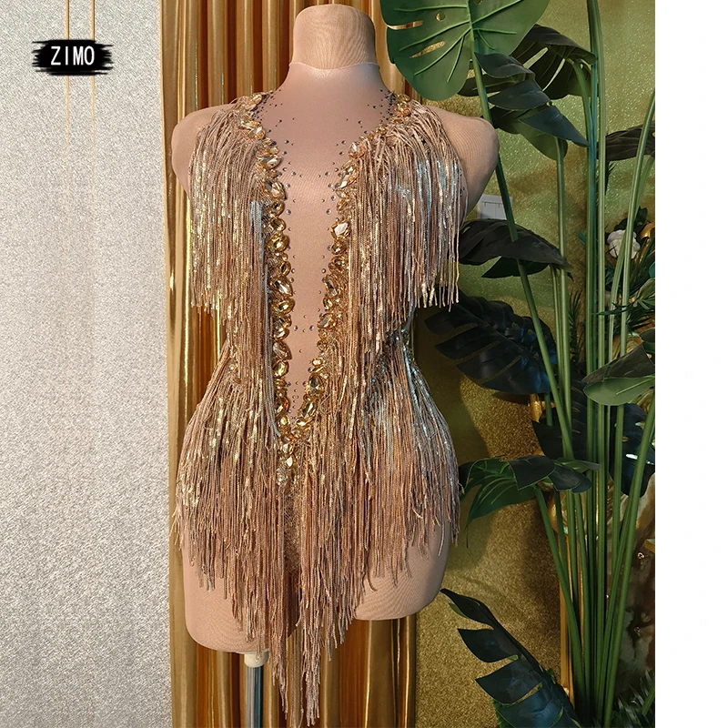 

Sparkly Rhinestones sequin Fringes Leotard Sexy Tassel Bodysuit women gold Latin Dance Costume Stage Dancer DS Performance Show